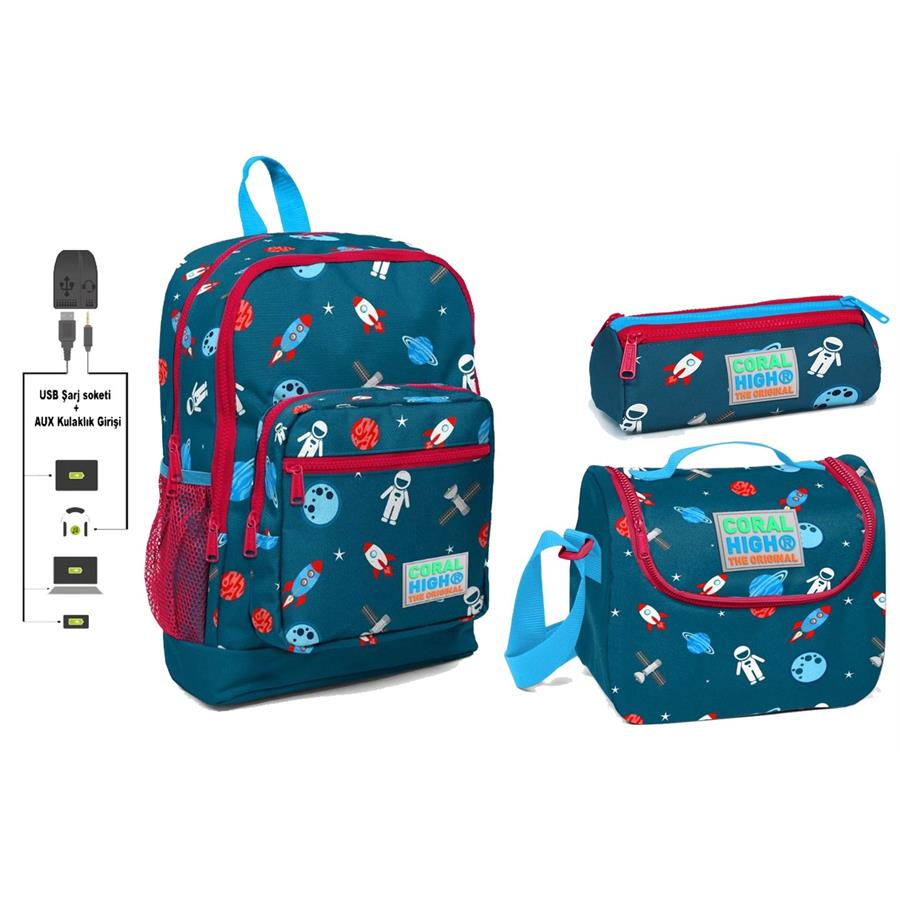 Coral High USB ve AUX Çıkışlı Okul Çanta Seti - Erkek Çocuk - Mavi