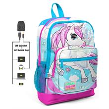 Coral High Mavi Unicorn Baskılı İlkokul ve Günlük Sırt Çantası - Kız Çocuk - USB ve AUX Soketli