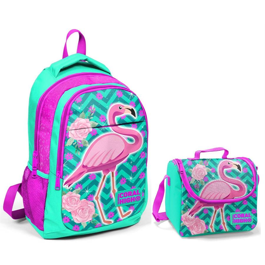 Coral High Kız Çocuk Yeşil Flamingo Okul Sırt Çantası ve Beslenme Çantası