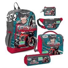 Coral High Erkek Çocuk Gri Nefti Anime Motorsiklet Desenli Beşli İlkokul Okul Çanta Seti