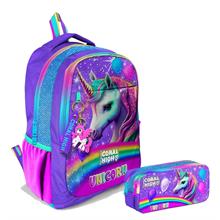 Coral High Kız Çocuk Mor Simli Unicorn İlkokul ve Ortaokul Sırt Çantası ve Kalemlik Seti