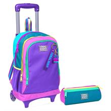 Coral High Pembe Pastel Renkli Işıklı Tekerlekli Çekçek Çanta ve Kalemlik Seti - Kız Çocuk