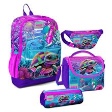 Coral High Kız Çocuk Pembe Mor Kaplumbağa Desenli İlkokul Okul Çanta Seti ve Bel Çantası