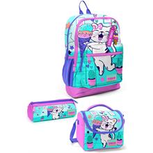 Coral High Kids Turkuaz Pembe Dondurmalı Kedi Desenli 3lü Okul Çanta Seti SET0123751